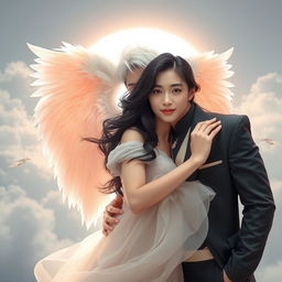 A beautiful Korean couple, with the man having striking white hair and angelic wings, symbolizing angelic characteristics