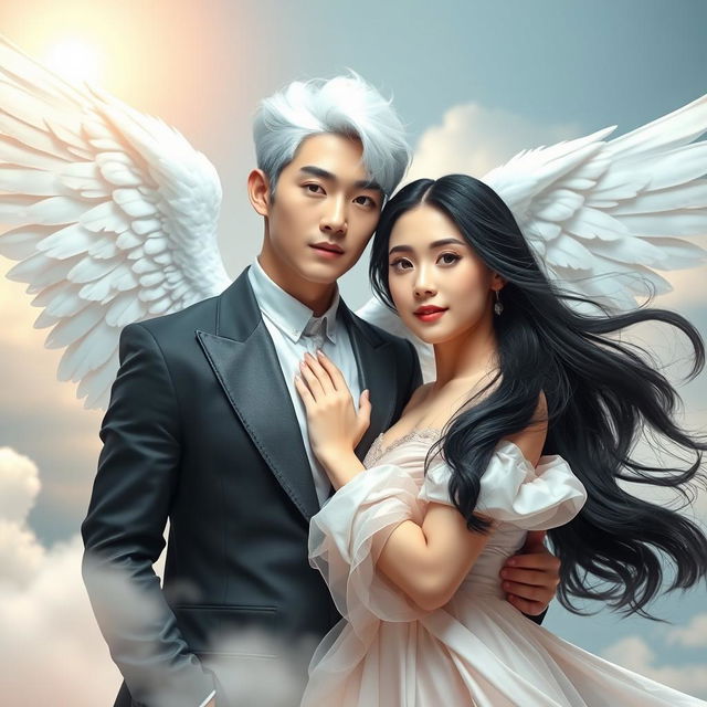 A beautiful Korean couple, with the man having striking white hair and angelic wings, symbolizing angelic characteristics