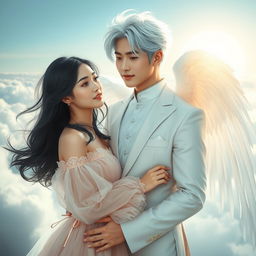 A beautiful Korean couple, with the man having striking white hair and angelic wings, symbolizing angelic characteristics