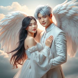 A beautiful Korean couple, with the man having striking white hair and angelic wings, symbolizing angelic characteristics