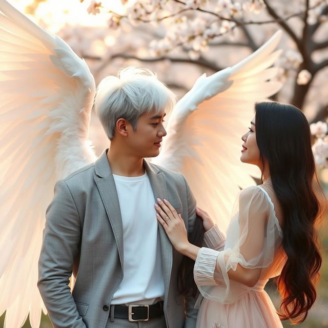 A beautiful Korean couple standing together; the man has striking white hair and majestic angel wings, symbolizing his angelic nature