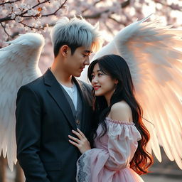 A beautiful Korean couple standing together; the man has striking white hair and majestic angel wings, symbolizing his angelic nature