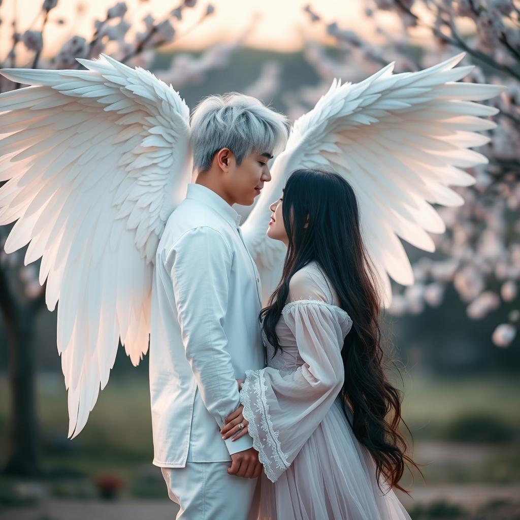 A beautiful Korean couple standing together; the man has striking white hair and majestic angel wings, symbolizing his angelic nature