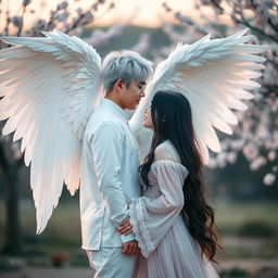 A beautiful Korean couple standing together; the man has striking white hair and majestic angel wings, symbolizing his angelic nature