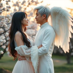 A beautiful Korean couple standing together; the man has striking white hair and majestic angel wings, symbolizing his angelic nature