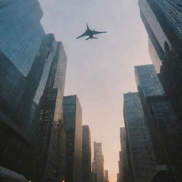 Suddenly, the cityscape features a warplane soaring through the dusk sky over the towering skyscrapers. The police officers on the streets below look up at the unexpected sight.