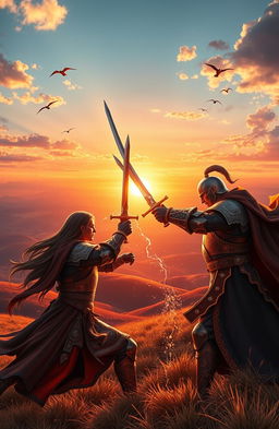 A vibrant and dramatic scene depicting a breathtaking freedom sunrise over a vast battlefield
