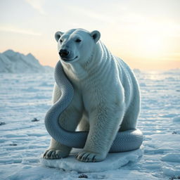A surreal 8k image of a polar bear fused with a snake, gracefully intertwining its elongated body with the massive structure of a polar bear