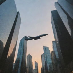 Suddenly, the cityscape features a warplane soaring through the dusk sky over the towering skyscrapers. The police officers on the streets below look up at the unexpected sight.