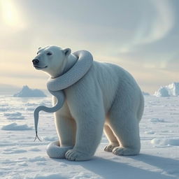 A surreal 8k image of a polar bear fused with a snake, gracefully intertwining its elongated body with the massive structure of a polar bear