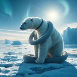 A surreal 8k image of a polar bear fused with a snake, gracefully intertwining its elongated body with the massive structure of a polar bear