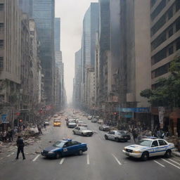 Suddenly, the cityscape shakes under the force of an earthquake. The bustling streets become chaotic as the towering skyscrapers sway under the tremors and the police officers and pedestrians struggle to maintain balance.