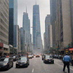 Suddenly, the cityscape shakes under the force of an earthquake. The bustling streets become chaotic as the towering skyscrapers sway under the tremors and the police officers and pedestrians struggle to maintain balance.