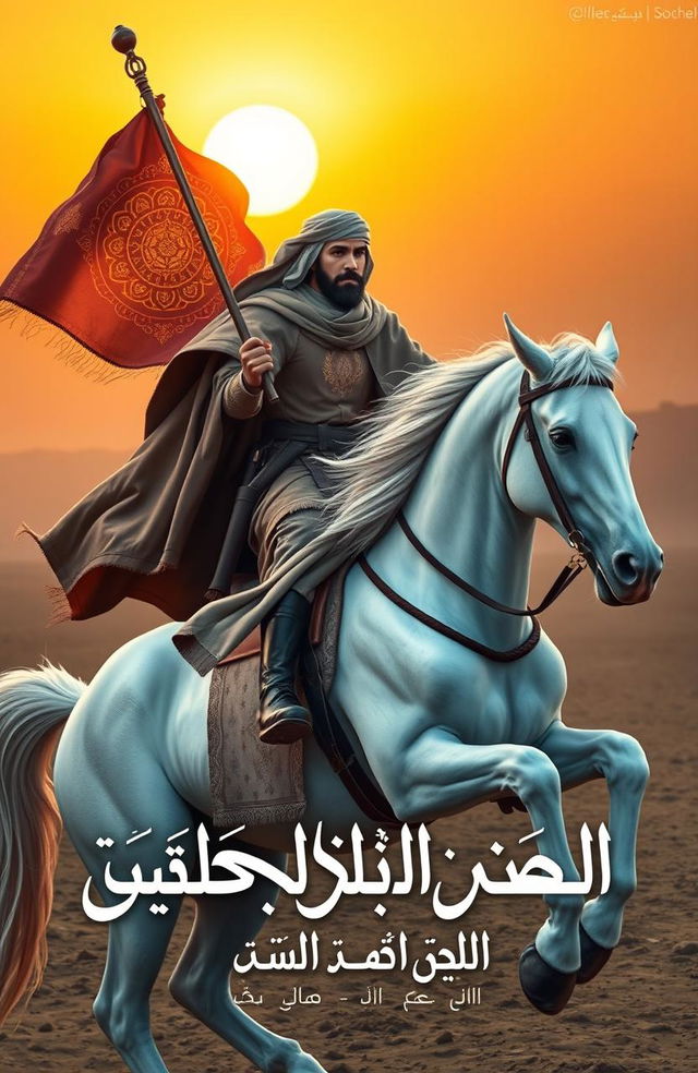 An Islamic hero gallantly riding a majestic white horse, holding a fluttering flag emblazoned with intricate patterns, as the sun rises majestically in the background, casting warm golden hues across the scene