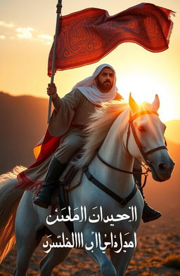 An Islamic hero gallantly riding a majestic white horse, holding a fluttering flag emblazoned with intricate patterns, as the sun rises majestically in the background, casting warm golden hues across the scene