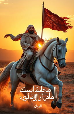 An Islamic hero gallantly riding a majestic white horse, holding a fluttering flag emblazoned with intricate patterns, as the sun rises majestically in the background, casting warm golden hues across the scene