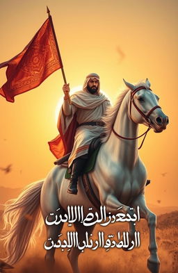 An Islamic hero gallantly riding a majestic white horse, holding a fluttering flag emblazoned with intricate patterns, as the sun rises majestically in the background, casting warm golden hues across the scene