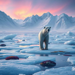 A surreal 8k image of a polar bear in an Antarctic ecosystem