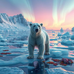 A surreal 8k image of a polar bear in an Antarctic ecosystem