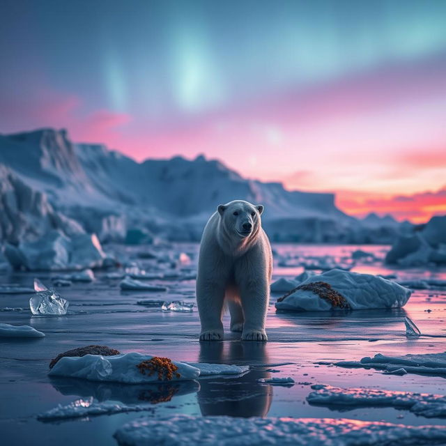 A surreal 8k image of a polar bear in an Antarctic ecosystem