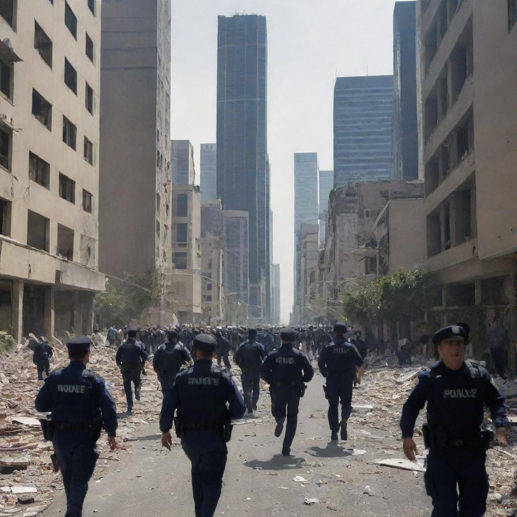 The cityscape is now filled with panic as everyone, including the police officers, run in fear, dodging falling debris from the swaying skyscrapers during the earthquake.