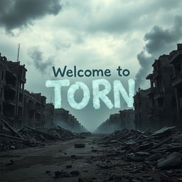 A dramatic scene of a war-torn city, with crumbling buildings, smoke rising in the background, and a desolate atmosphere