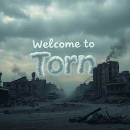 A dramatic scene of a war-torn city, with crumbling buildings, smoke rising in the background, and a desolate atmosphere