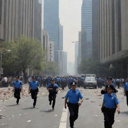 The cityscape is now filled with panic as everyone, including the police officers, run in fear, dodging falling debris from the swaying skyscrapers during the earthquake.