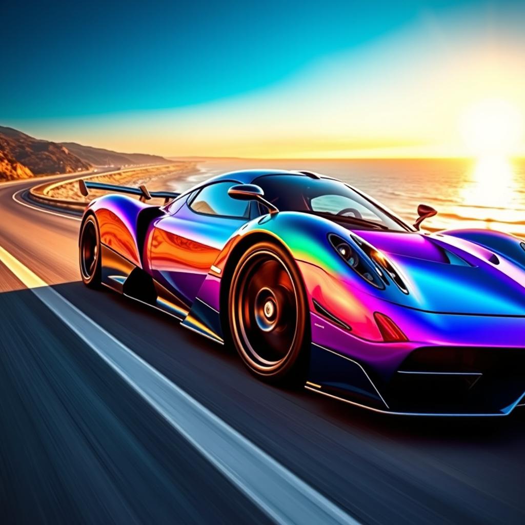 A stunning Pagani hypercar featuring an iridescent color known as 'tornasol