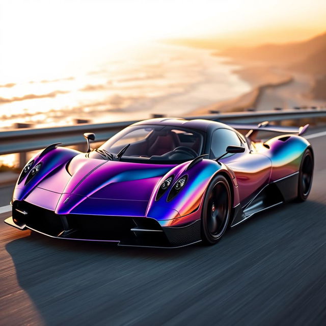 A stunning Pagani hypercar featuring an iridescent color known as 'tornasol