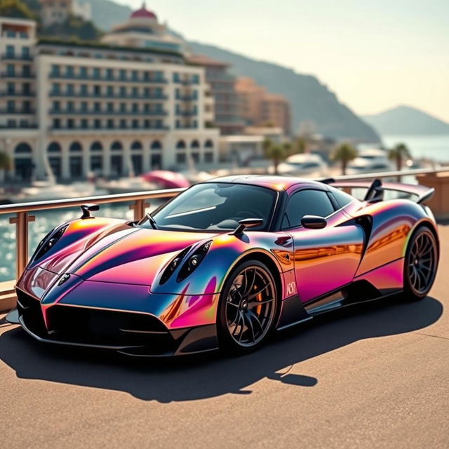 A stunning Pagani supercar with a beautiful iridescent color reflecting a spectrum of shades like a rainbow, prominently displayed against the glamorous backdrop of Monte Carlo