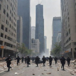 The cityscape is now filled with panic as everyone, including the police officers, run in fear, dodging falling debris from the swaying skyscrapers during the earthquake.