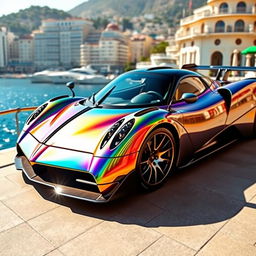 A stunning Pagani supercar with a beautiful iridescent color reflecting a spectrum of shades like a rainbow, prominently displayed against the glamorous backdrop of Monte Carlo