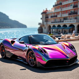 A stunning Pagani supercar with a beautiful iridescent color reflecting a spectrum of shades like a rainbow, prominently displayed against the glamorous backdrop of Monte Carlo