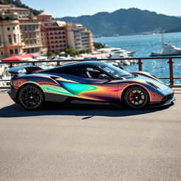 A stunning Pagani supercar with a beautiful iridescent color reflecting a spectrum of shades like a rainbow, prominently displayed against the glamorous backdrop of Monte Carlo