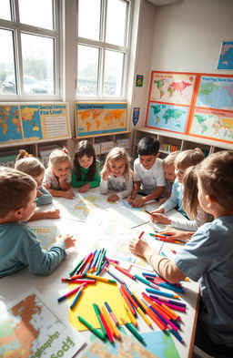 A vibrant school environment showcasing children creating a social map together