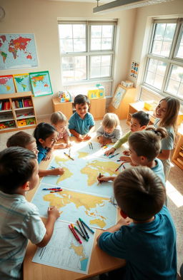 A vibrant school environment showcasing children creating a social map together