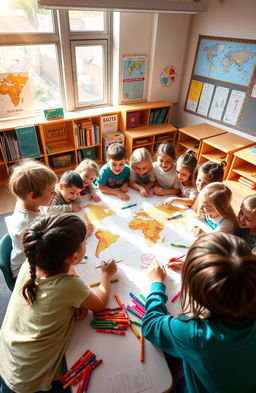 A vibrant school environment showcasing children creating a social map together