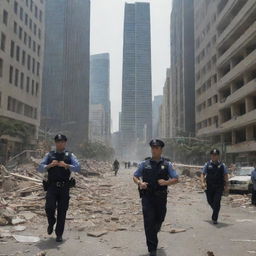 The cityscape is now filled with panic as everyone, including the police officers, run in fear, dodging falling debris from the swaying skyscrapers during the earthquake.