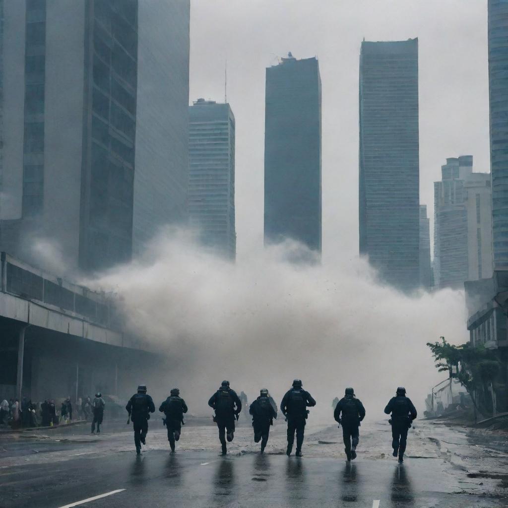 Suddenly, a massive tsunami wave, 200 meters high, looms over the chaotic cityscape. The citizens are running in fear, the skyscrapers cast long, eerie shadows, and the police officers look on helplessly.