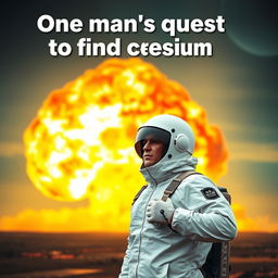 A dramatic nuclear blast in the background with vibrant colors and an intense explosion