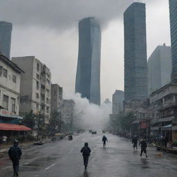 Suddenly, a massive tsunami wave, 200 meters high, looms over the chaotic cityscape. The citizens are running in fear, the skyscrapers cast long, eerie shadows, and the police officers look on helplessly.