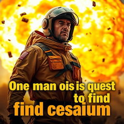 A powerful nuclear blast scene with a man standing in a radiation suit, looking determined amidst the chaos