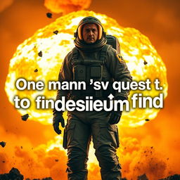 A powerful nuclear blast scene with a man standing in a radiation suit, looking determined amidst the chaos