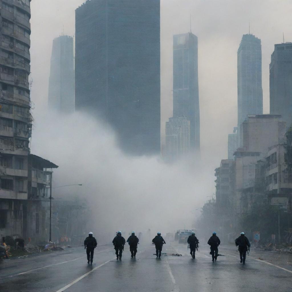 Suddenly, a massive tsunami wave, 200 meters high, looms over the chaotic cityscape. The citizens are running in fear, the skyscrapers cast long, eerie shadows, and the police officers look on helplessly.