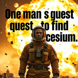 A powerful nuclear blast scene with a man standing in a radiation suit, looking determined amidst the chaos