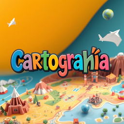 An animated cover design featuring the word 'Cartografía' in a playful and bold typography style that appears dynamically as if being drawn