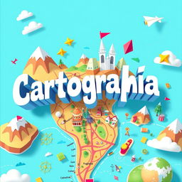 An animated cover design featuring the word 'Cartografía' in a playful and bold typography style that appears dynamically as if being drawn