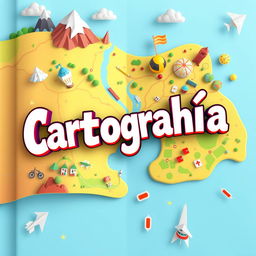 An animated cover design featuring the word 'Cartografía' in a playful and bold typography style that appears dynamically as if being drawn