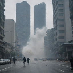 Suddenly, a massive tsunami wave, 200 meters high, looms over the chaotic cityscape. The citizens are running in fear, the skyscrapers cast long, eerie shadows, and the police officers look on helplessly.